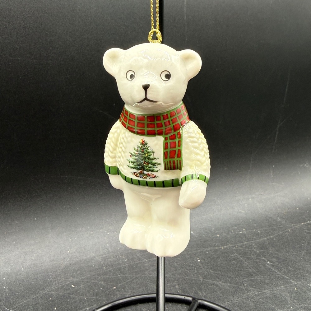Spode Christmas Tree Polar Bear Ornament Ceramic White Red Green Plaid Scarf